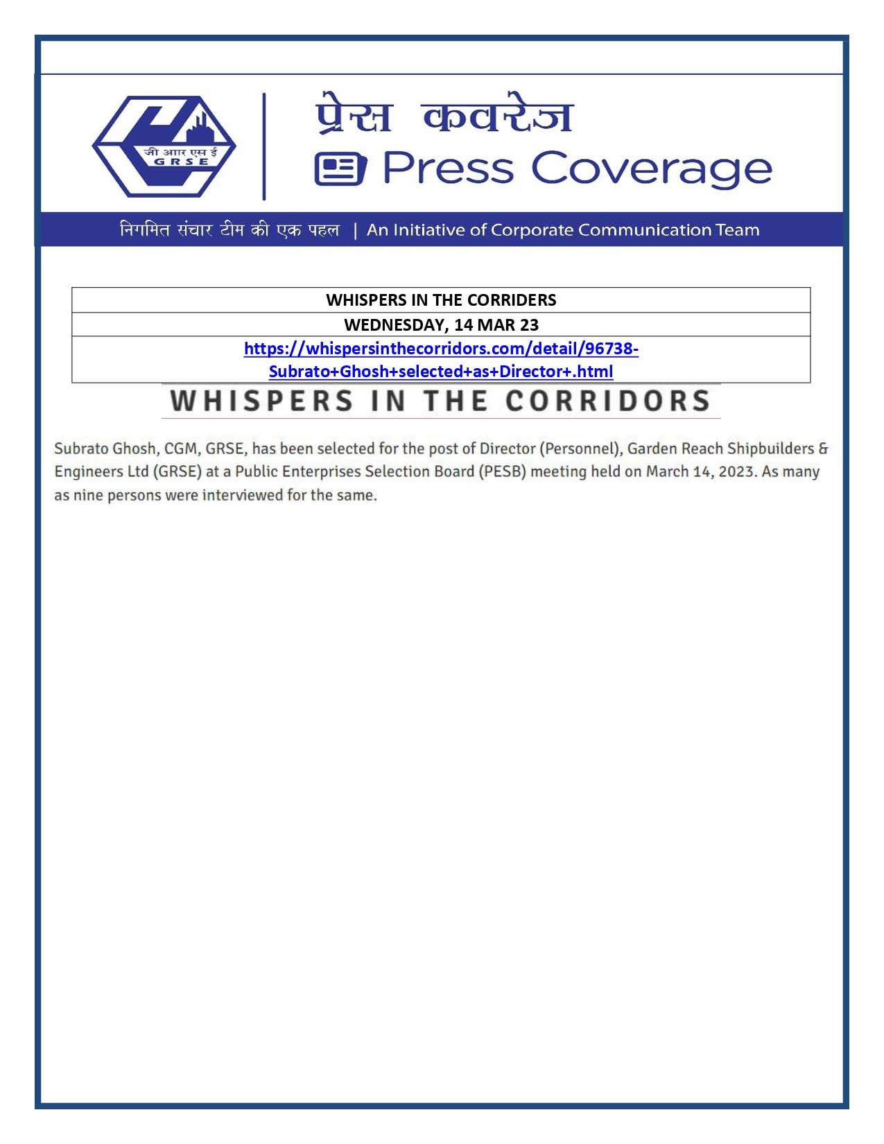 Whispers in the corriders 14 Mar 23